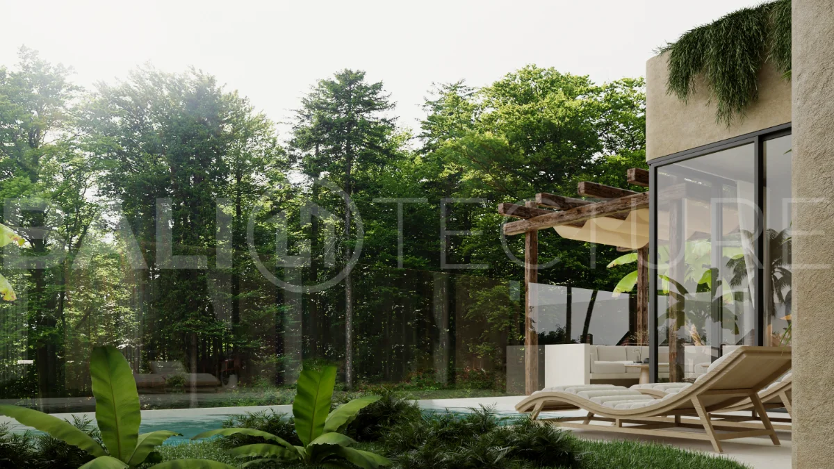 Off plan three bedroom modern tropical villa in Cepaka, Tabanan, featuring two level living, en suite master bedroom, private pool garden, pergola lounge, and lush rice terrace surroundings.
