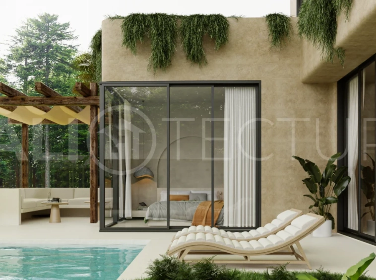 Off plan three bedroom modern tropical villa in Cepaka, Tabanan, featuring two level living, en suite master bedroom, private pool garden, pergola lounge, and lush rice terrace surroundings.