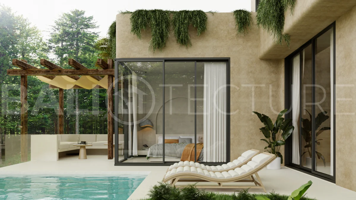 Off plan three bedroom modern tropical villa in Cepaka, Tabanan, featuring two level living, en suite master bedroom, private pool garden, pergola lounge, and lush rice terrace surroundings.