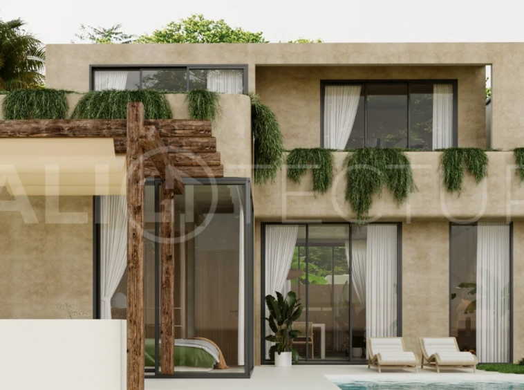 Off plan three bedroom modern tropical villa in Cepaka, Tabanan, featuring two level living, en suite master bedroom, private pool garden, pergola lounge, and lush rice terrace surroundings.