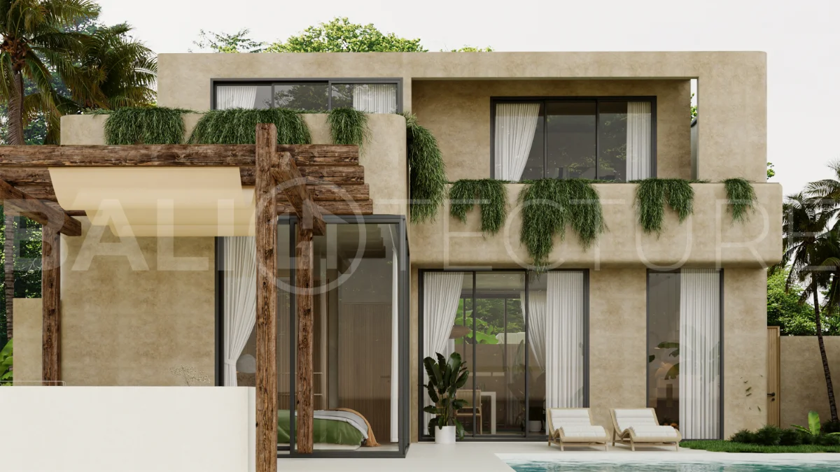 Off plan three bedroom modern tropical villa in Cepaka, Tabanan, featuring two level living, en suite master bedroom, private pool garden, pergola lounge, and lush rice terrace surroundings.