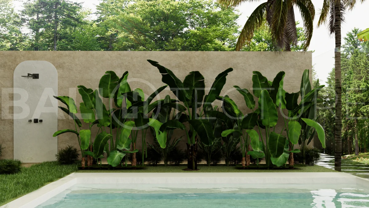 Off plan three bedroom modern tropical villa in Cepaka, Tabanan, featuring two level living, en suite master bedroom, private pool garden, pergola lounge, and lush rice terrace surroundings.