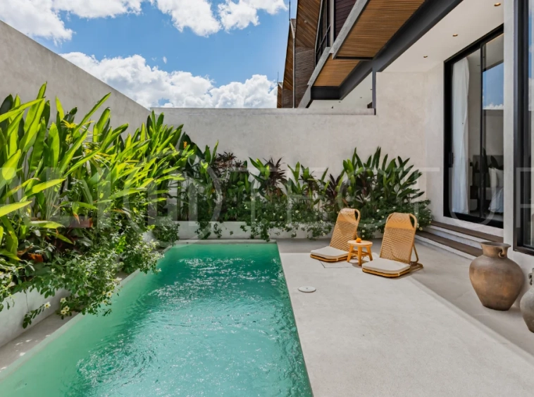 Modern 2-bedroom villa for sale near Pererenan Beach, Canggu, featuring stylish interiors, spacious living areas, tropical greenery, and a private swimming pool.