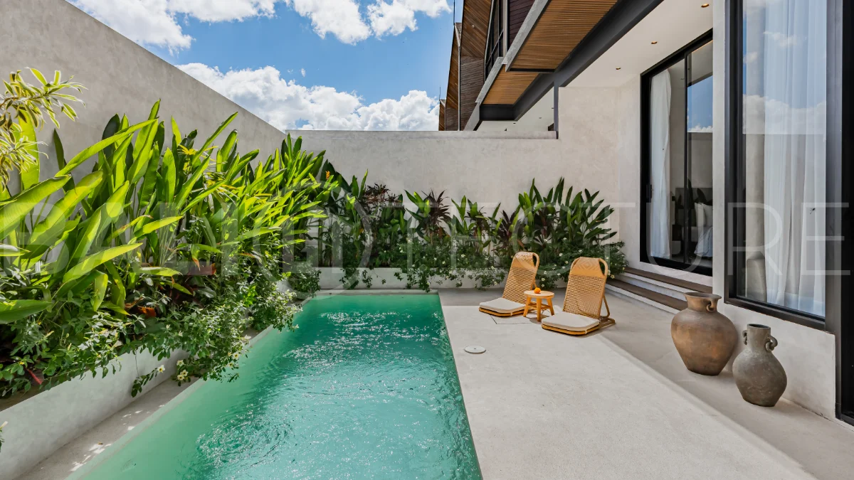Modern 2-bedroom villa for sale near Pererenan Beach, Canggu, featuring stylish interiors, spacious living areas, tropical greenery, and a private swimming pool.