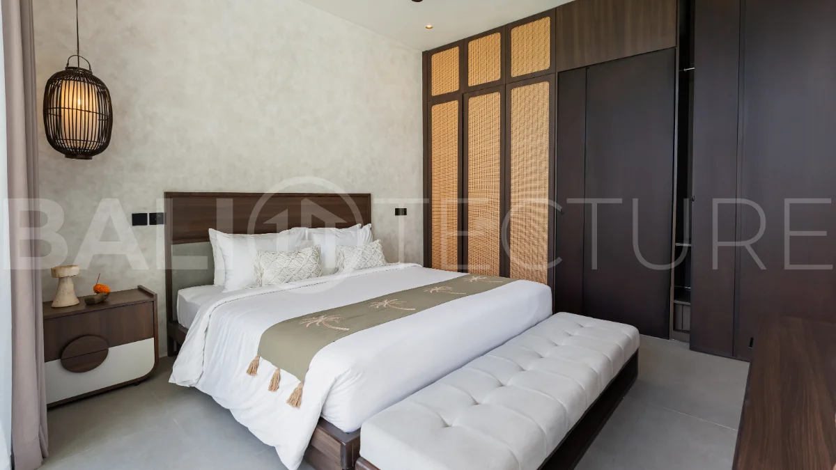 Modern 2-bedroom villa for sale near Pererenan Beach, Canggu, featuring stylish interiors, spacious living areas, tropical greenery, and a private swimming pool.