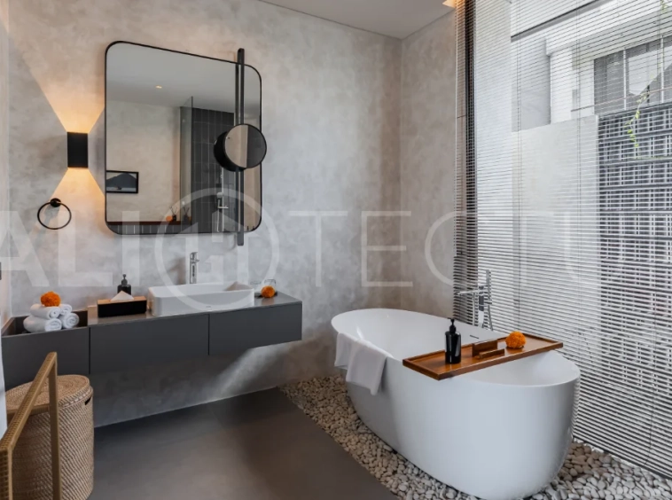 Modern 2-bedroom villa for sale near Pererenan Beach, Canggu, featuring stylish interiors, spacious living areas, tropical greenery, and a private swimming pool.