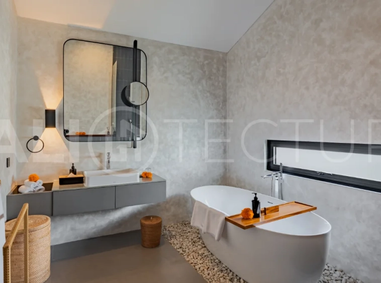 Modern 2-bedroom villa for sale near Pererenan Beach, Canggu, featuring stylish interiors, spacious living areas, tropical greenery, and a private swimming pool.