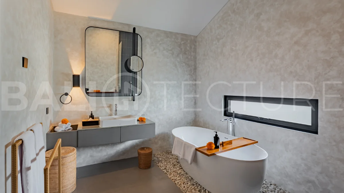 Modern 2-bedroom villa for sale near Pererenan Beach, Canggu, featuring stylish interiors, spacious living areas, tropical greenery, and a private swimming pool.