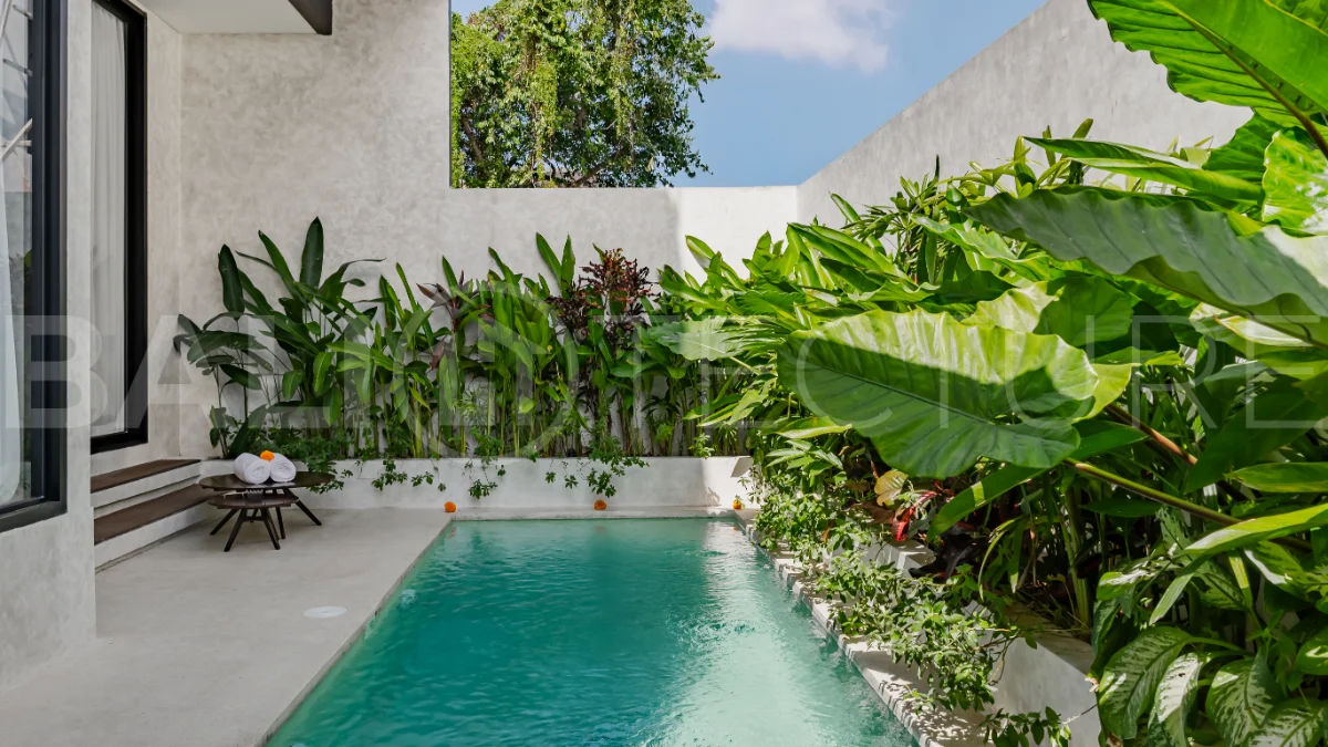 Modern 2-bedroom villa for sale near Pererenan Beach, Canggu, featuring stylish interiors, spacious living areas, tropical greenery, and a private swimming pool.