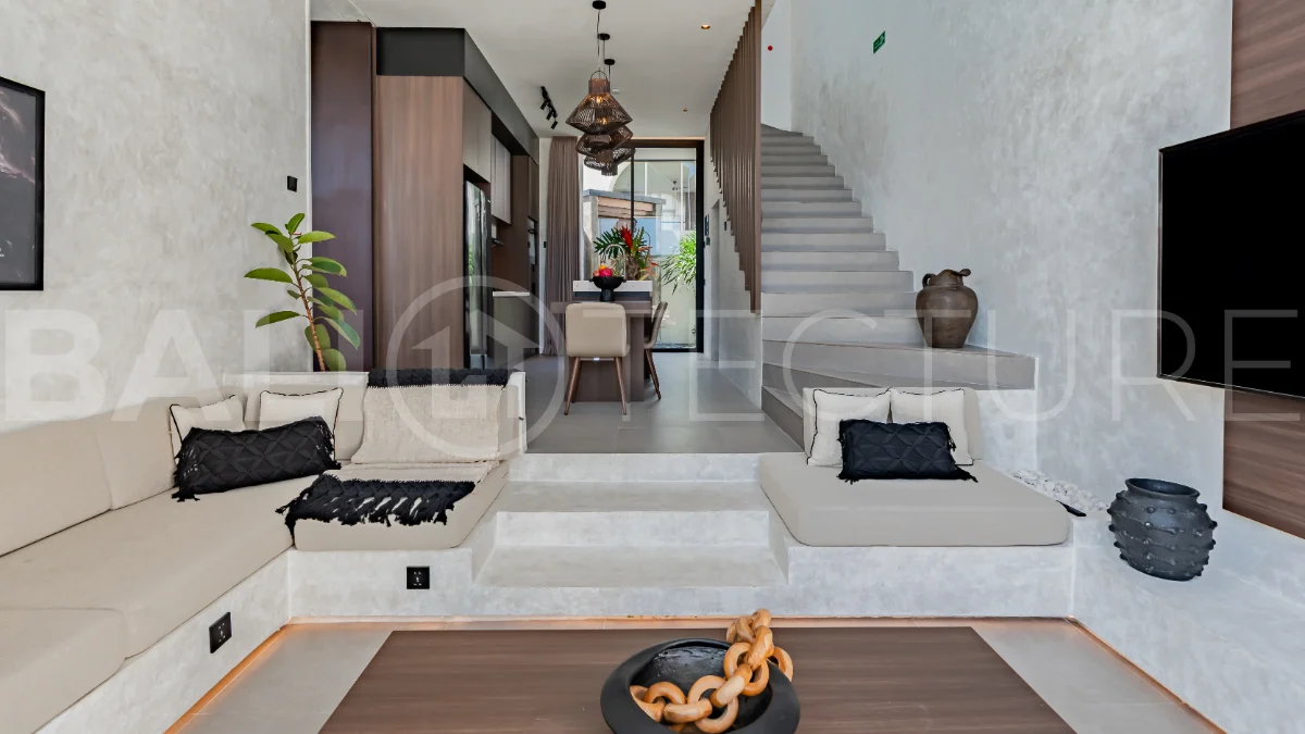 Modern 2-bedroom villa for sale near Pererenan Beach, Canggu, featuring stylish interiors, spacious living areas, tropical greenery, and a private swimming pool.