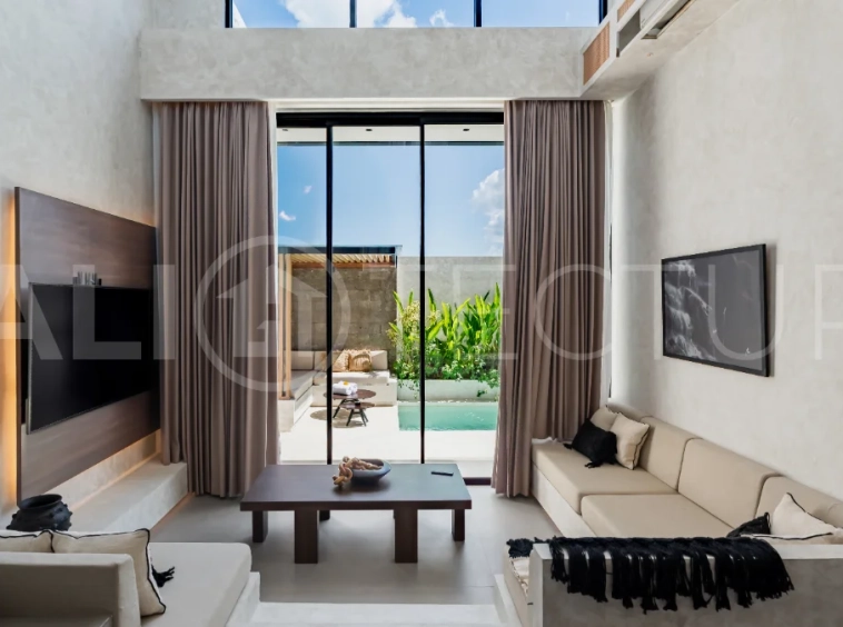Modern 2-bedroom villa for sale near Pererenan Beach, Canggu, featuring stylish interiors, spacious living areas, tropical greenery, and a private swimming pool.