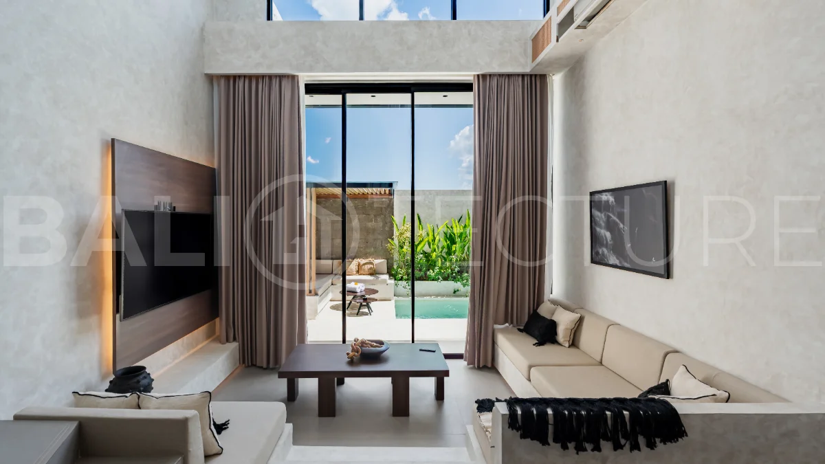 Modern 2-bedroom villa for sale near Pererenan Beach, Canggu, featuring stylish interiors, spacious living areas, tropical greenery, and a private swimming pool.
