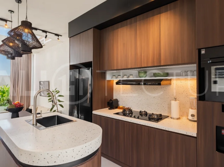 Modern 2-bedroom villa for sale near Pererenan Beach, Canggu, featuring stylish interiors, spacious living areas, tropical greenery, and a private swimming pool.