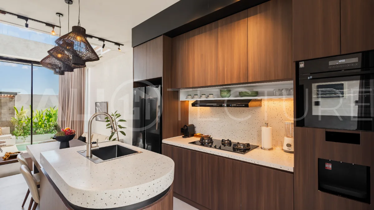 Modern 2-bedroom villa for sale near Pererenan Beach, Canggu, featuring stylish interiors, spacious living areas, tropical greenery, and a private swimming pool.