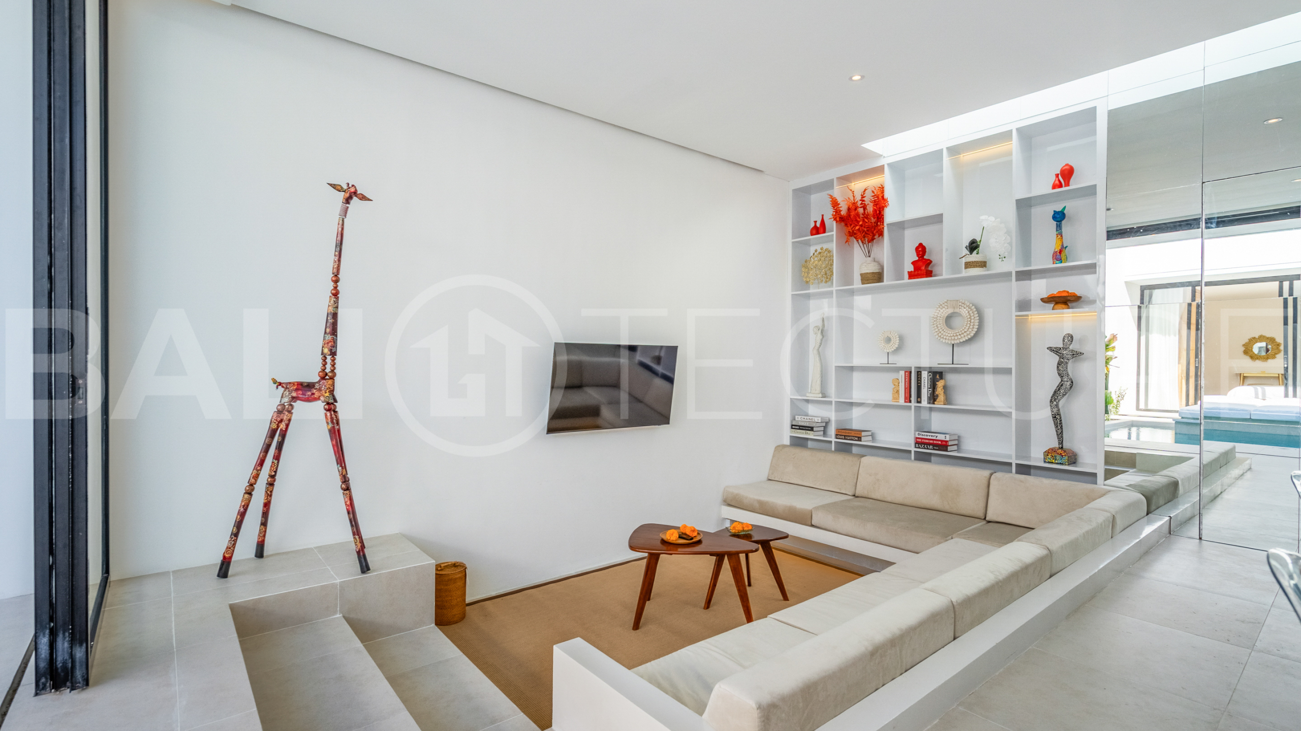 Brand new 2-bedroom villa with private pool for sale near Mertasari Beach, Sanur, featuring a fully furnished interior, 3 bathrooms, enclosed living area, and contemporary tropical design.
