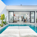 Brand new 2-bedroom villa with private pool for sale near Mertasari Beach, Sanur, featuring a fully furnished interior, 3 bathrooms, enclosed living area, and contemporary tropical design.