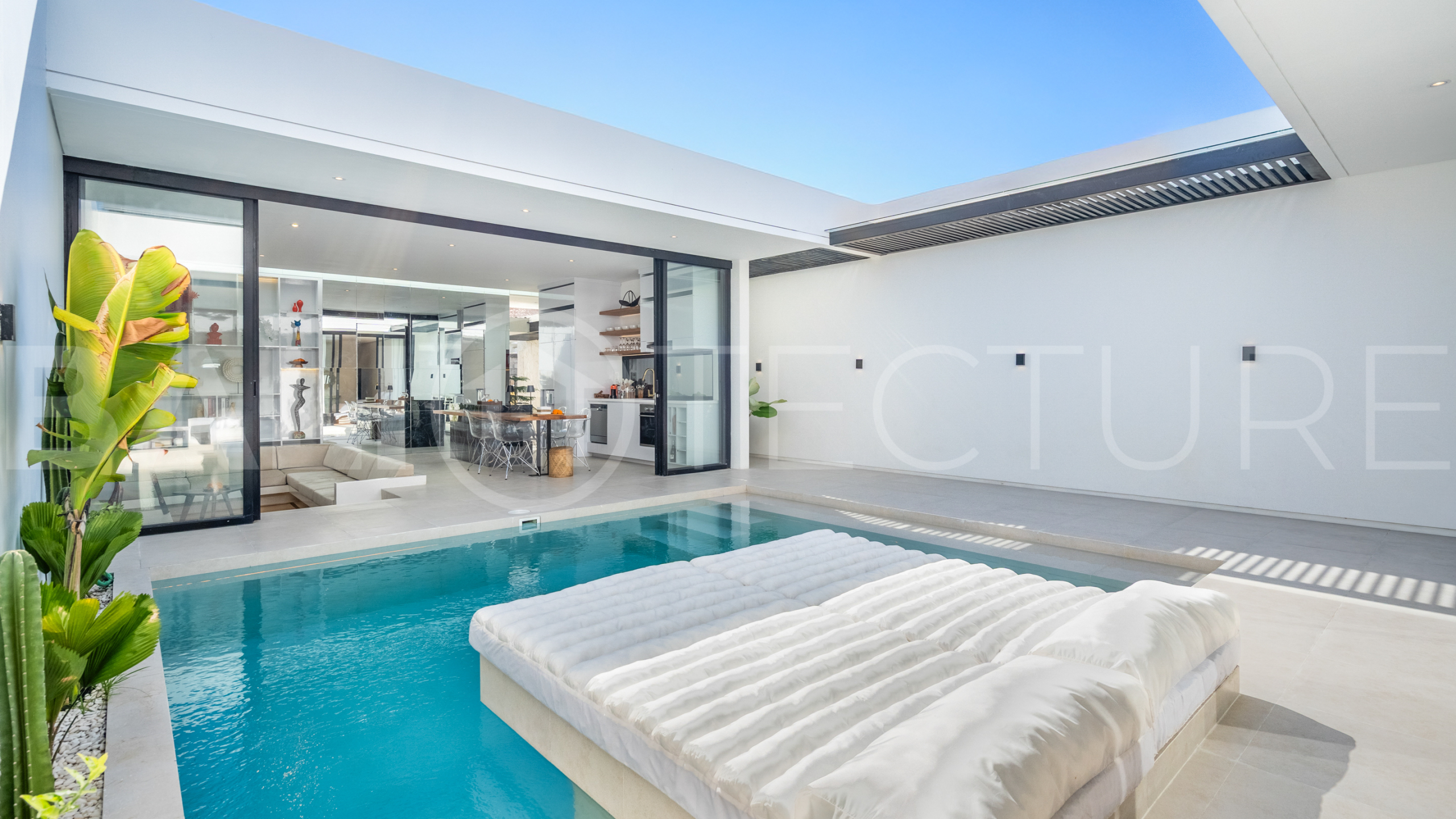 Brand new 2-bedroom villa with private pool for sale near Mertasari Beach, Sanur, featuring a fully furnished interior, 3 bathrooms, enclosed living area, and contemporary tropical design.