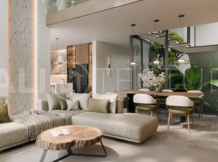 Three bedroom luxury off plan villa near Melasti Beach, Ungasan, featuring Japandi architecture, double height living room, ensuite bedrooms, mezzanine, private swimming pool, ocean view rooftop terrace, tropical landscaping, and seamless indoor outdoor living.