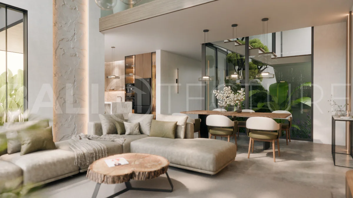 Three bedroom luxury off plan villa near Melasti Beach, Ungasan, featuring Japandi architecture, double height living room, ensuite bedrooms, mezzanine, private swimming pool, ocean view rooftop terrace, tropical landscaping, and seamless indoor outdoor living.