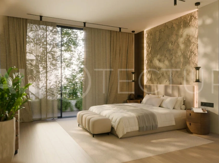 Three bedroom luxury off plan villa near Melasti Beach, Ungasan, featuring Japandi architecture, double height living room, ensuite bedrooms, mezzanine, private swimming pool, ocean view rooftop terrace, tropical landscaping, and seamless indoor outdoor living.