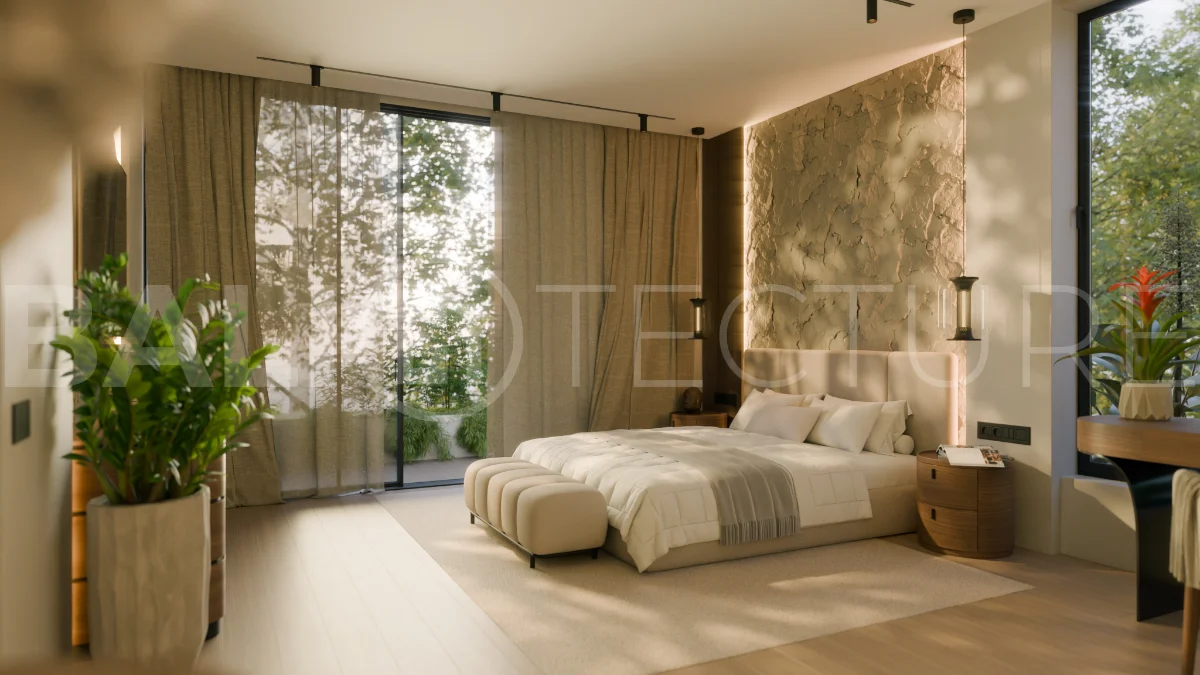 Three bedroom luxury off plan villa near Melasti Beach, Ungasan, featuring Japandi architecture, double height living room, ensuite bedrooms, mezzanine, private swimming pool, ocean view rooftop terrace, tropical landscaping, and seamless indoor outdoor living.