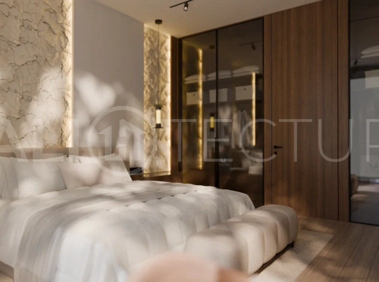Three bedroom luxury off plan villa near Melasti Beach, Ungasan, featuring Japandi architecture, double height living room, ensuite bedrooms, mezzanine, private swimming pool, ocean view rooftop terrace, tropical landscaping, and seamless indoor outdoor living.