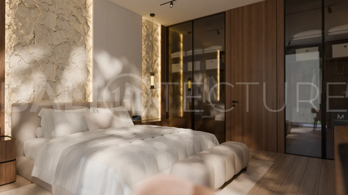 Three bedroom luxury off plan villa near Melasti Beach, Ungasan, featuring Japandi architecture, double height living room, ensuite bedrooms, mezzanine, private swimming pool, ocean view rooftop terrace, tropical landscaping, and seamless indoor outdoor living.