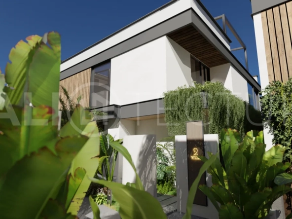Three bedroom luxury off plan villa near Melasti Beach, Ungasan, featuring Japandi architecture, double height living room, ensuite bedrooms, mezzanine, private swimming pool, ocean view rooftop terrace, tropical landscaping, and seamless indoor outdoor living.
