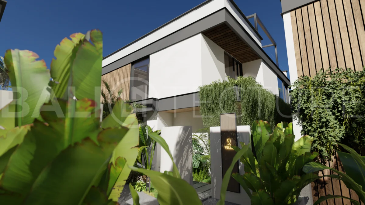 Three bedroom luxury off plan villa near Melasti Beach, Ungasan, featuring Japandi architecture, double height living room, ensuite bedrooms, mezzanine, private swimming pool, ocean view rooftop terrace, tropical landscaping, and seamless indoor outdoor living.