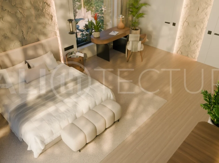 Three bedroom luxury off plan villa near Melasti Beach, Ungasan, featuring Japandi architecture, double height living room, ensuite bedrooms, mezzanine, private swimming pool, ocean view rooftop terrace, tropical landscaping, and seamless indoor outdoor living.