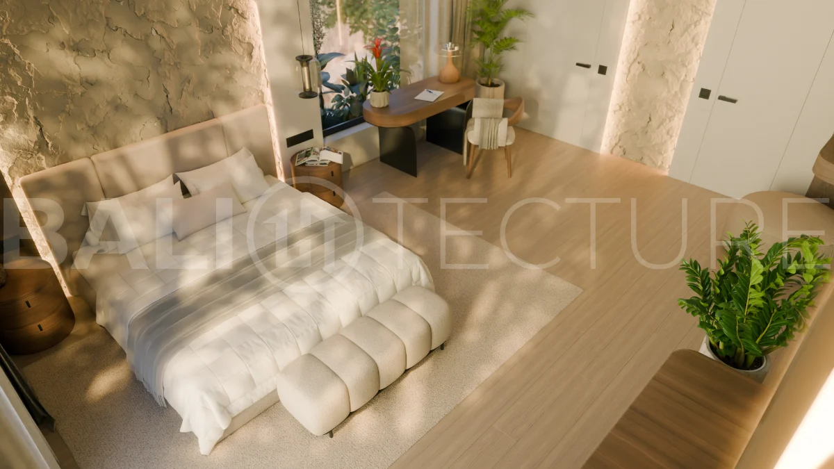 Three bedroom luxury off plan villa near Melasti Beach, Ungasan, featuring Japandi architecture, double height living room, ensuite bedrooms, mezzanine, private swimming pool, ocean view rooftop terrace, tropical landscaping, and seamless indoor outdoor living.