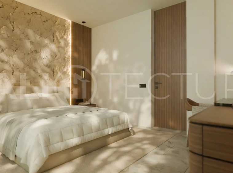 Three bedroom luxury off plan villa near Melasti Beach, Ungasan, featuring Japandi architecture, double height living room, ensuite bedrooms, mezzanine, private swimming pool, ocean view rooftop terrace, tropical landscaping, and seamless indoor outdoor living.
