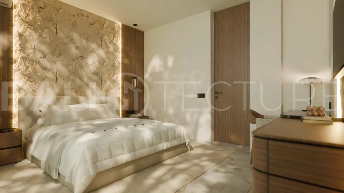 Three bedroom luxury off plan villa near Melasti Beach, Ungasan, featuring Japandi architecture, double height living room, ensuite bedrooms, mezzanine, private swimming pool, ocean view rooftop terrace, tropical landscaping, and seamless indoor outdoor living.