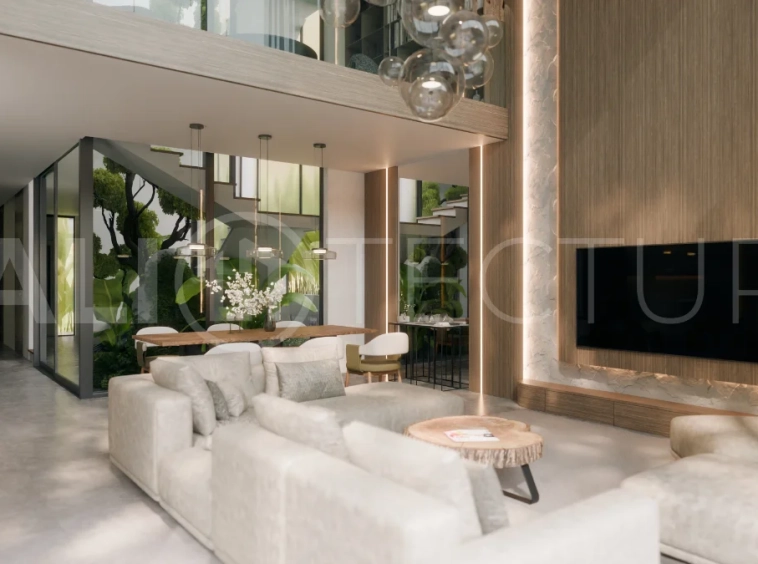 Three bedroom luxury off plan villa near Melasti Beach, Ungasan, featuring Japandi architecture, double height living room, ensuite bedrooms, mezzanine, private swimming pool, ocean view rooftop terrace, tropical landscaping, and seamless indoor outdoor living.