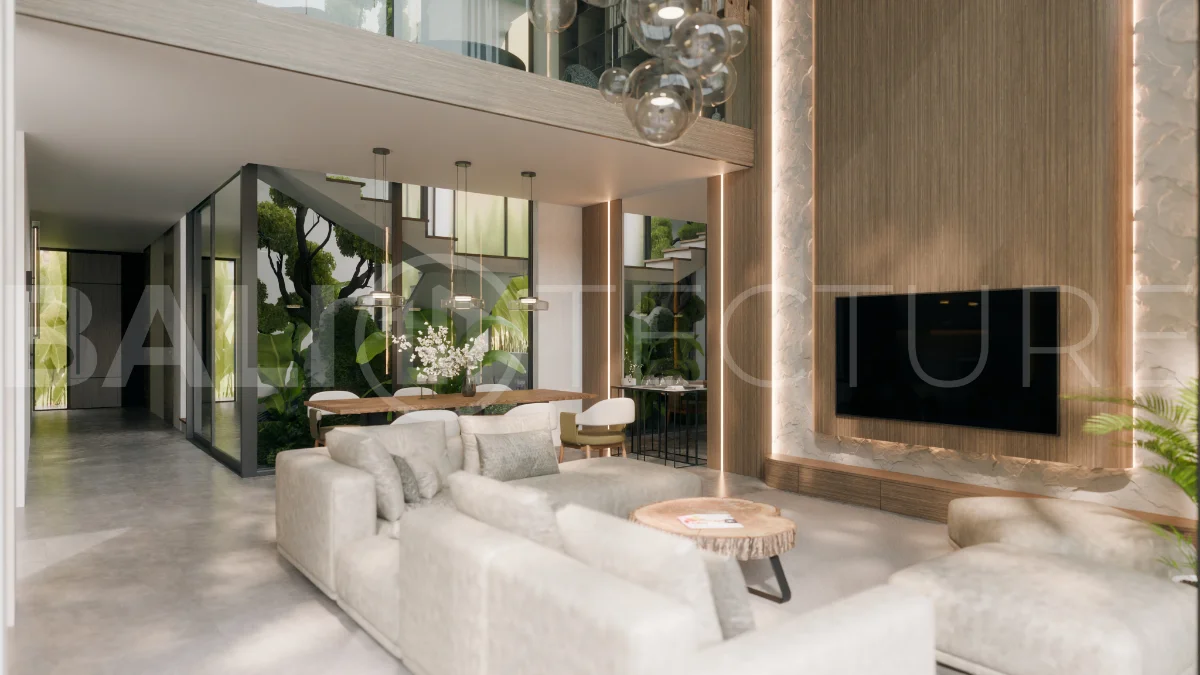 Three bedroom luxury off plan villa near Melasti Beach, Ungasan, featuring Japandi architecture, double height living room, ensuite bedrooms, mezzanine, private swimming pool, ocean view rooftop terrace, tropical landscaping, and seamless indoor outdoor living.