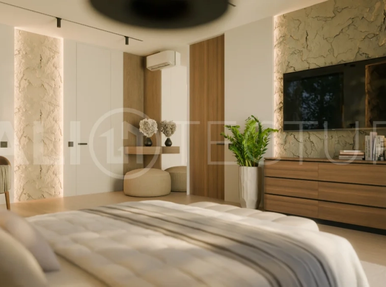 Three bedroom luxury off plan villa near Melasti Beach, Ungasan, featuring Japandi architecture, double height living room, ensuite bedrooms, mezzanine, private swimming pool, ocean view rooftop terrace, tropical landscaping, and seamless indoor outdoor living.