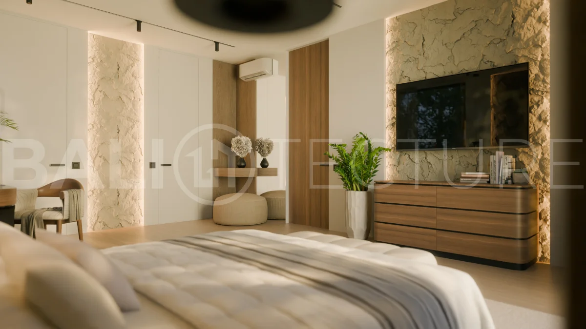 Three bedroom luxury off plan villa near Melasti Beach, Ungasan, featuring Japandi architecture, double height living room, ensuite bedrooms, mezzanine, private swimming pool, ocean view rooftop terrace, tropical landscaping, and seamless indoor outdoor living.