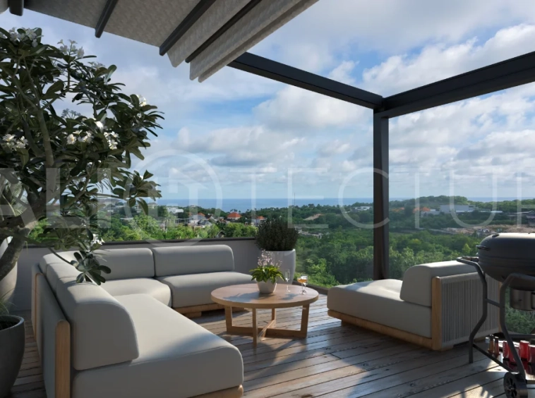 Three bedroom luxury off plan villa near Melasti Beach, Ungasan, featuring Japandi architecture, double height living room, ensuite bedrooms, mezzanine, private swimming pool, ocean view rooftop terrace, tropical landscaping, and seamless indoor outdoor living.
