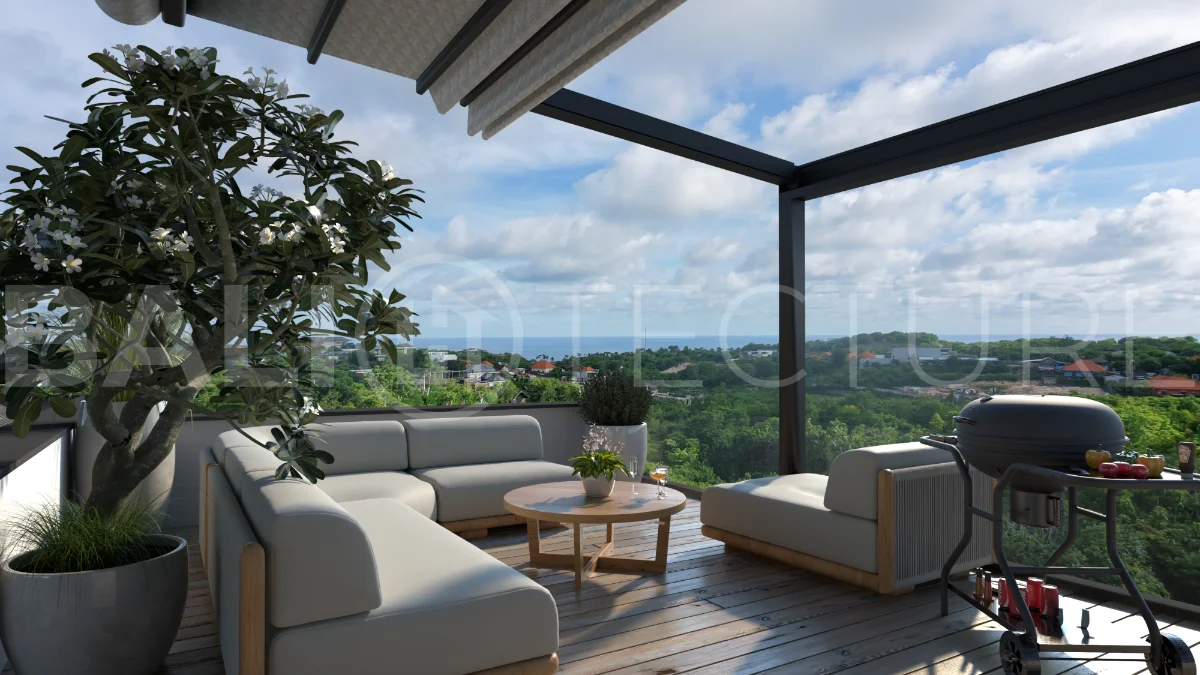 Three bedroom luxury off plan villa near Melasti Beach, Ungasan, featuring Japandi architecture, double height living room, ensuite bedrooms, mezzanine, private swimming pool, ocean view rooftop terrace, tropical landscaping, and seamless indoor outdoor living.