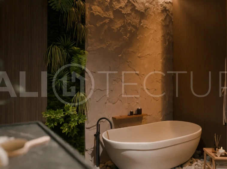 Three bedroom luxury off plan villa near Melasti Beach, Ungasan, featuring Japandi architecture, double height living room, ensuite bedrooms, mezzanine, private swimming pool, ocean view rooftop terrace, tropical landscaping, and seamless indoor outdoor living.