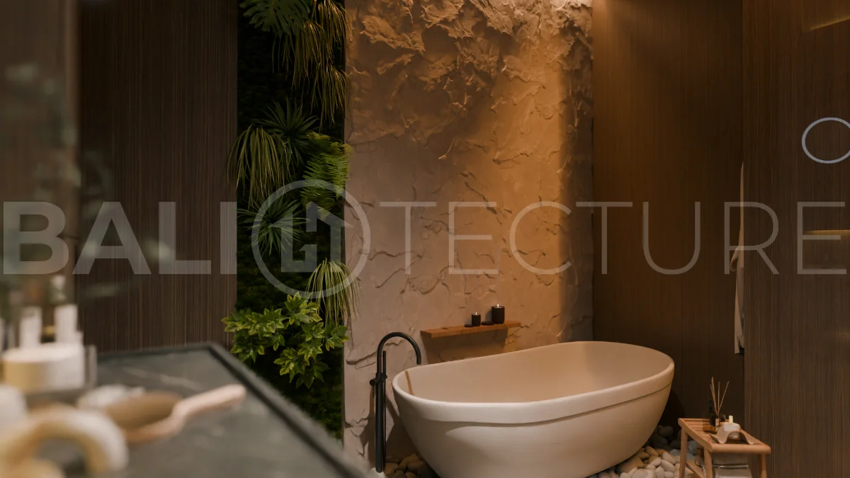 Three bedroom luxury off plan villa near Melasti Beach, Ungasan, featuring Japandi architecture, double height living room, ensuite bedrooms, mezzanine, private swimming pool, ocean view rooftop terrace, tropical landscaping, and seamless indoor outdoor living.