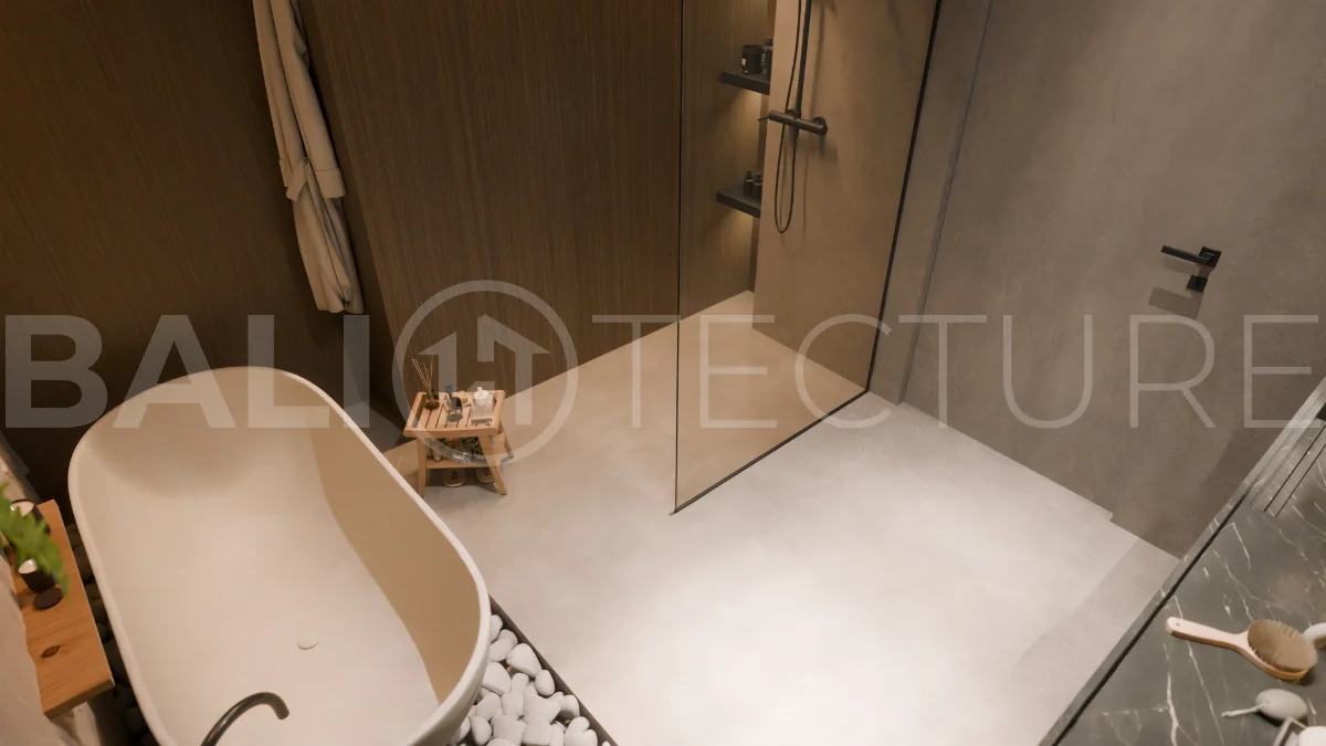 Three bedroom luxury off plan villa near Melasti Beach, Ungasan, featuring Japandi architecture, double height living room, ensuite bedrooms, mezzanine, private swimming pool, ocean view rooftop terrace, tropical landscaping, and seamless indoor outdoor living.