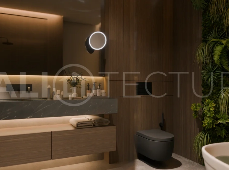 Three bedroom luxury off plan villa near Melasti Beach, Ungasan, featuring Japandi architecture, double height living room, ensuite bedrooms, mezzanine, private swimming pool, ocean view rooftop terrace, tropical landscaping, and seamless indoor outdoor living.