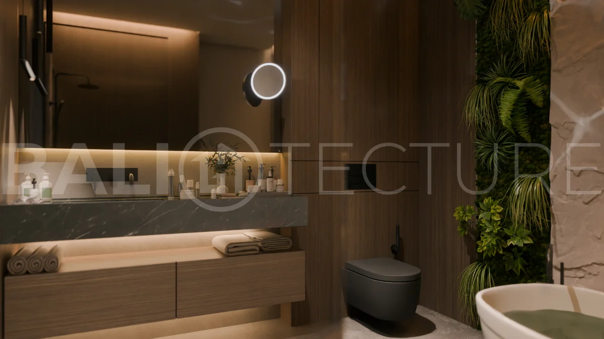 Three bedroom luxury off plan villa near Melasti Beach, Ungasan, featuring Japandi architecture, double height living room, ensuite bedrooms, mezzanine, private swimming pool, ocean view rooftop terrace, tropical landscaping, and seamless indoor outdoor living.