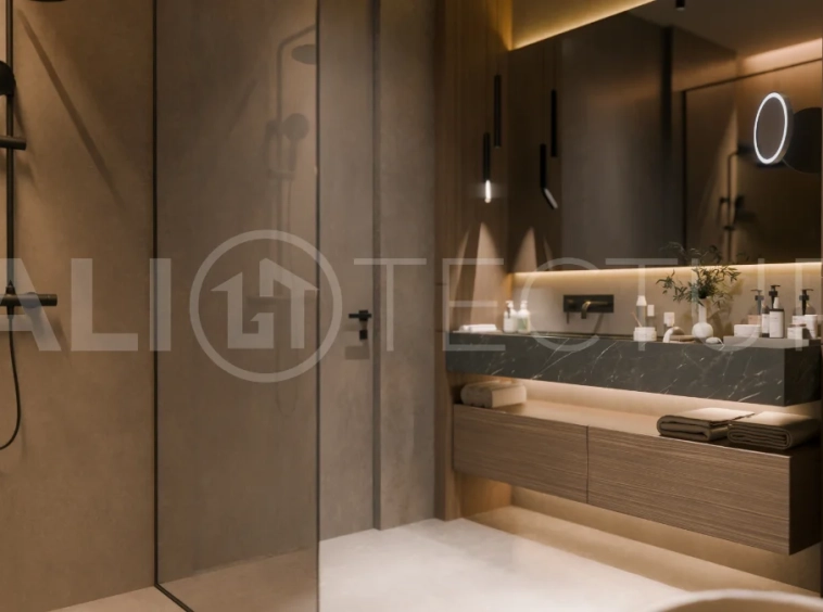 Three bedroom luxury off plan villa near Melasti Beach, Ungasan, featuring Japandi architecture, double height living room, ensuite bedrooms, mezzanine, private swimming pool, ocean view rooftop terrace, tropical landscaping, and seamless indoor outdoor living.