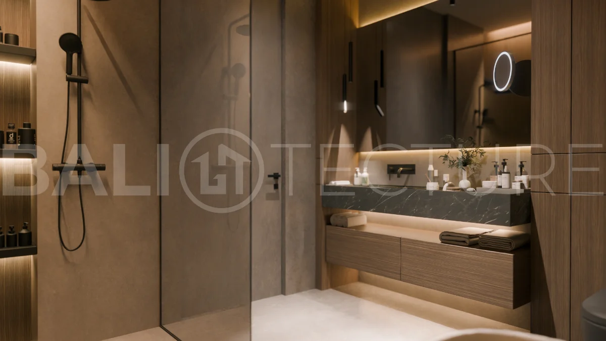 Three bedroom luxury off plan villa near Melasti Beach, Ungasan, featuring Japandi architecture, double height living room, ensuite bedrooms, mezzanine, private swimming pool, ocean view rooftop terrace, tropical landscaping, and seamless indoor outdoor living.