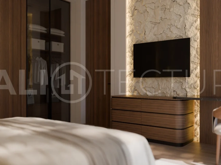 Three bedroom luxury off plan villa near Melasti Beach, Ungasan, featuring Japandi architecture, double height living room, ensuite bedrooms, mezzanine, private swimming pool, ocean view rooftop terrace, tropical landscaping, and seamless indoor outdoor living.