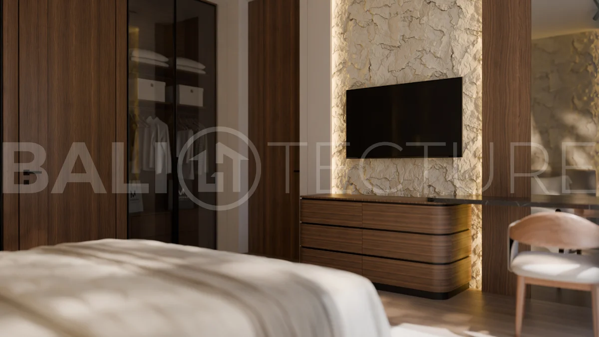 Three bedroom luxury off plan villa near Melasti Beach, Ungasan, featuring Japandi architecture, double height living room, ensuite bedrooms, mezzanine, private swimming pool, ocean view rooftop terrace, tropical landscaping, and seamless indoor outdoor living.