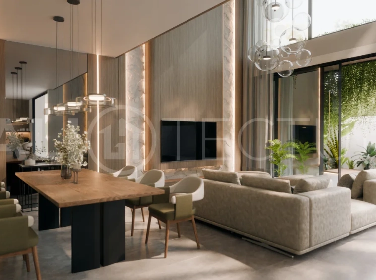 Three bedroom luxury off plan villa near Melasti Beach, Ungasan, featuring Japandi architecture, double height living room, ensuite bedrooms, mezzanine, private swimming pool, ocean view rooftop terrace, tropical landscaping, and seamless indoor outdoor living.