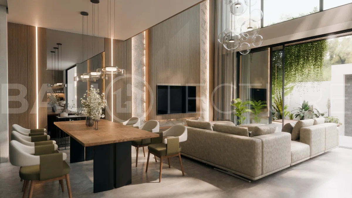 Three bedroom luxury off plan villa near Melasti Beach, Ungasan, featuring Japandi architecture, double height living room, ensuite bedrooms, mezzanine, private swimming pool, ocean view rooftop terrace, tropical landscaping, and seamless indoor outdoor living.